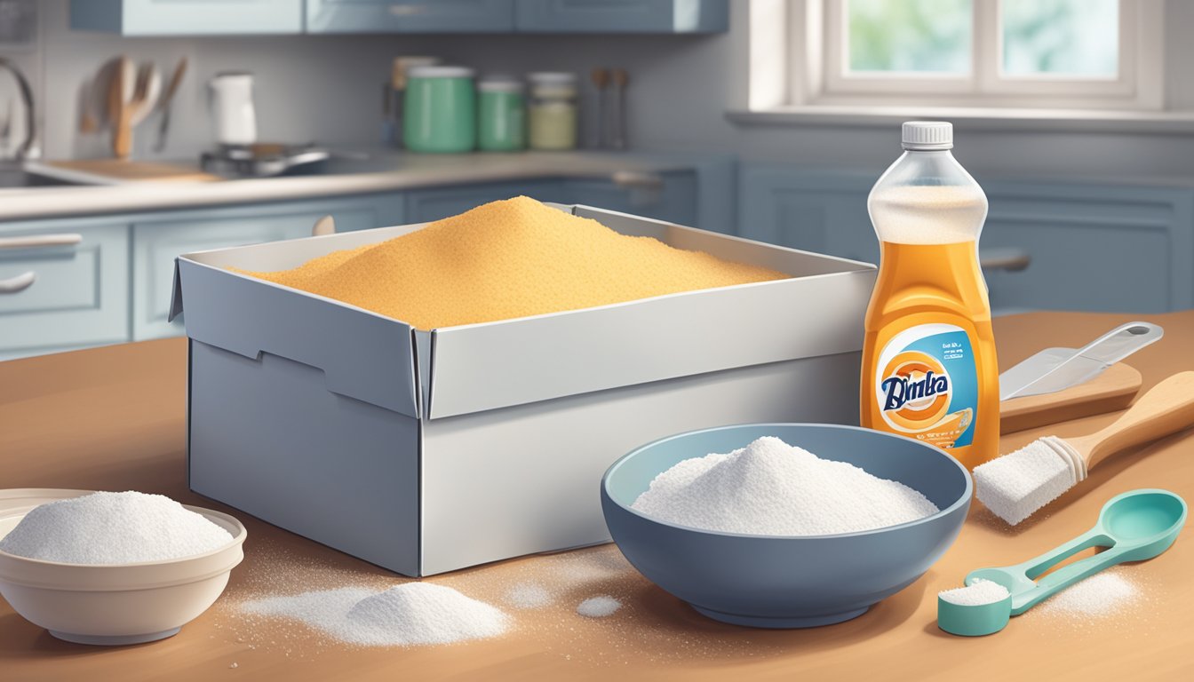 A box of expired baking soda sits on a cluttered kitchen counter, next to a pile of used baking utensils