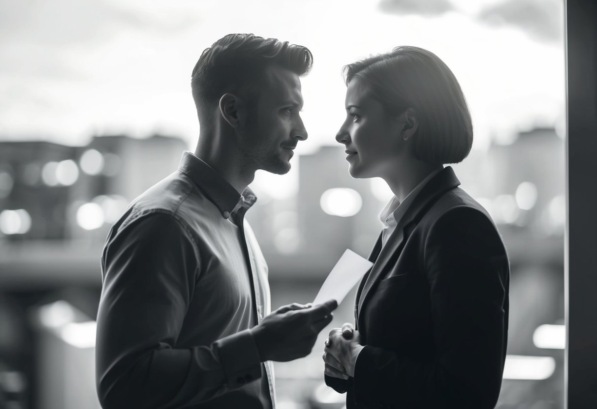Two figures facing each other, one holding a piece of paper and the other listening intently. A sense of intimacy and trust is evident in the interaction