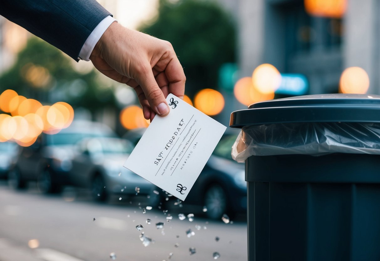 A hand dropping a save-the-date card into a trash can