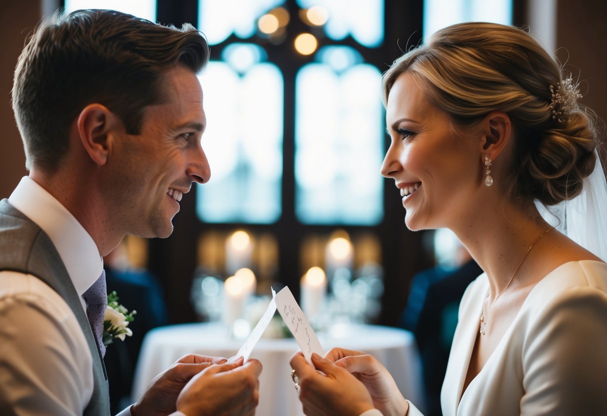 A couple sits facing each other, exchanging handwritten notes and smiling as they share their vows with each other before their wedding