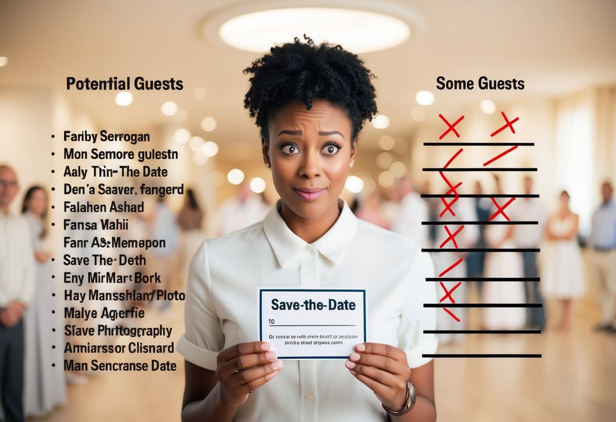A person holding a save-the-date card and looking perplexed while standing in front of a list of potential guests. Some guests are crossed out