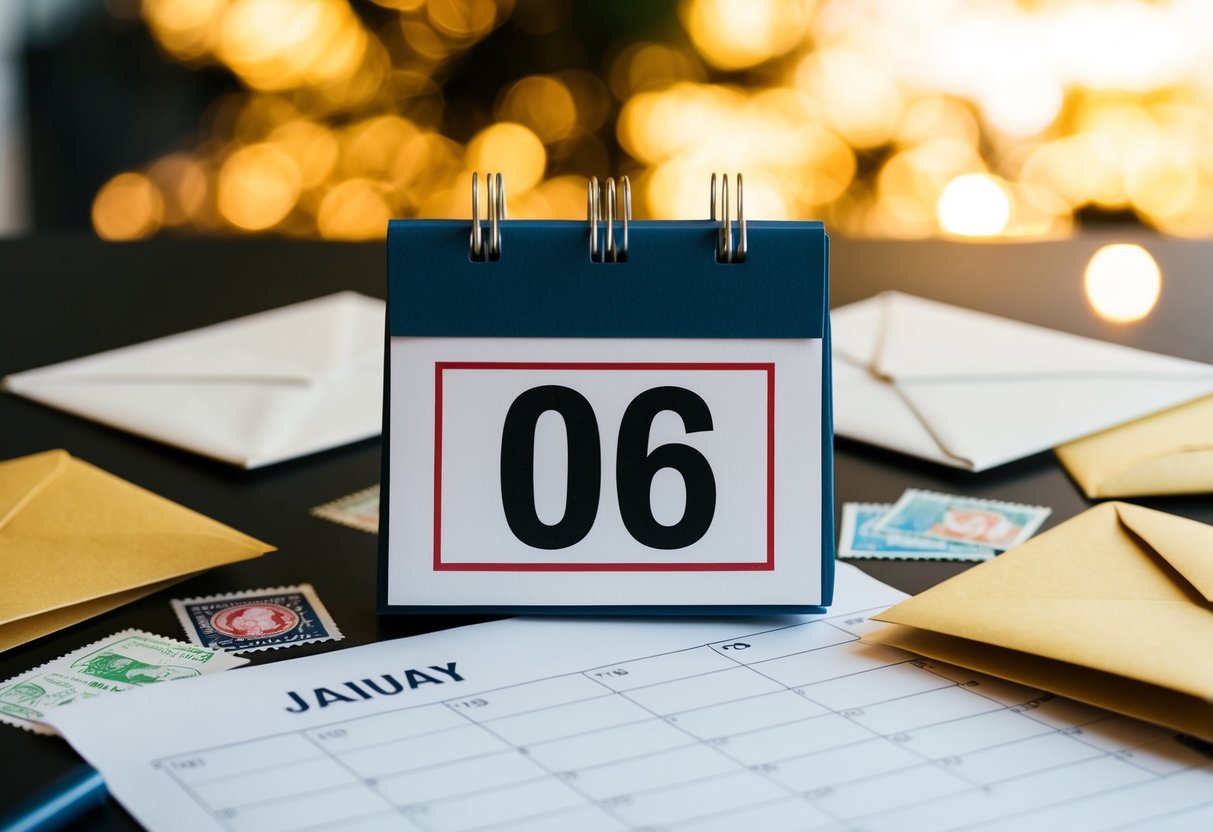 A calendar with a highlighted date, surrounded by envelopes and stamps