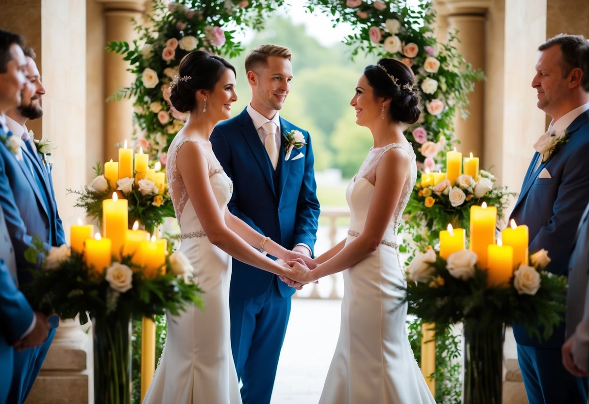 A bride and groom stand facing each other, surrounded by flowers and candles. They hold hands and gaze into each other's eyes as they exchange their vows