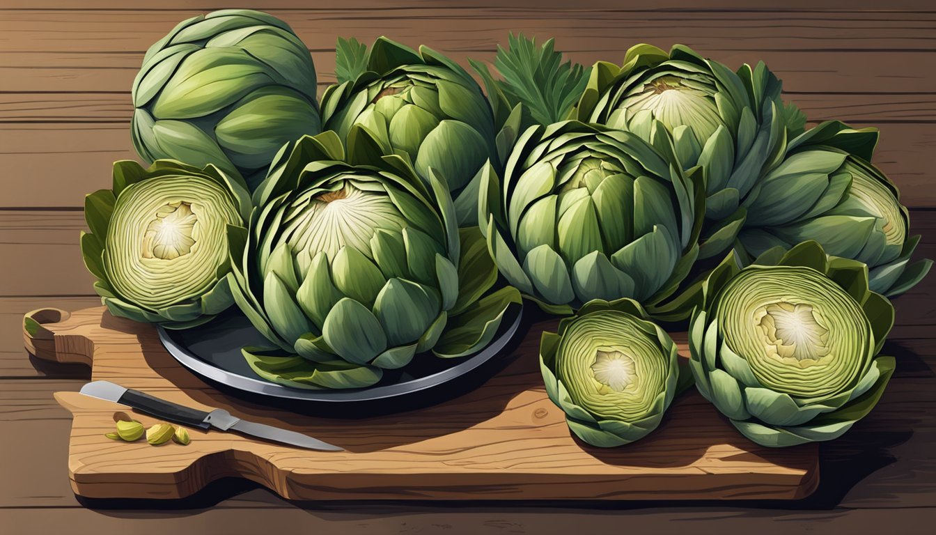 A pile of artichokes, some with tightly closed leaves, others partially open, on a wooden table with a knife and cutting board nearby