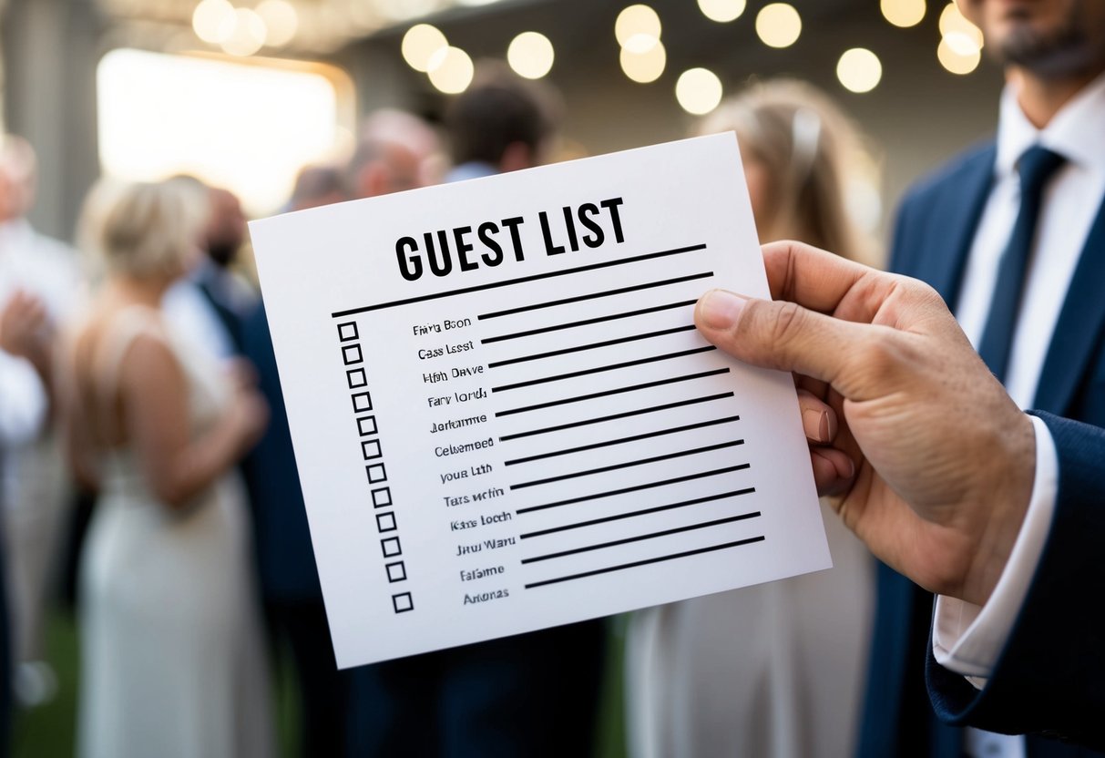A hand holding a guest list with names crossed out