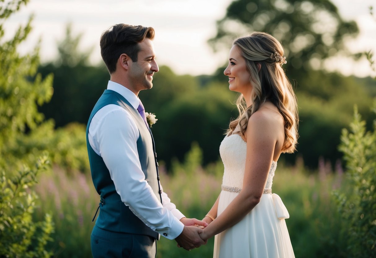 A couple stands facing each other, surrounded by nature, exchanging heartfelt vows with a serene and intimate ambiance