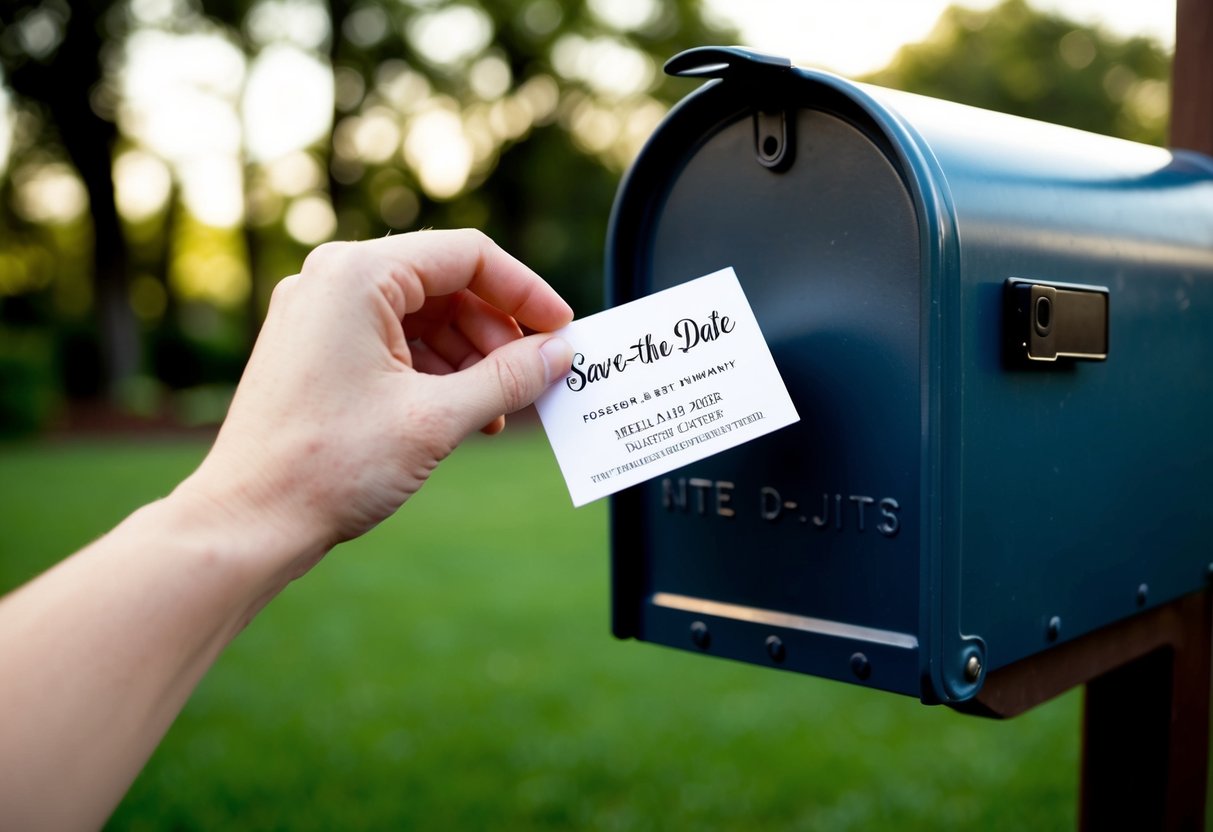 A hand placing a save-the-date card in a mailbox