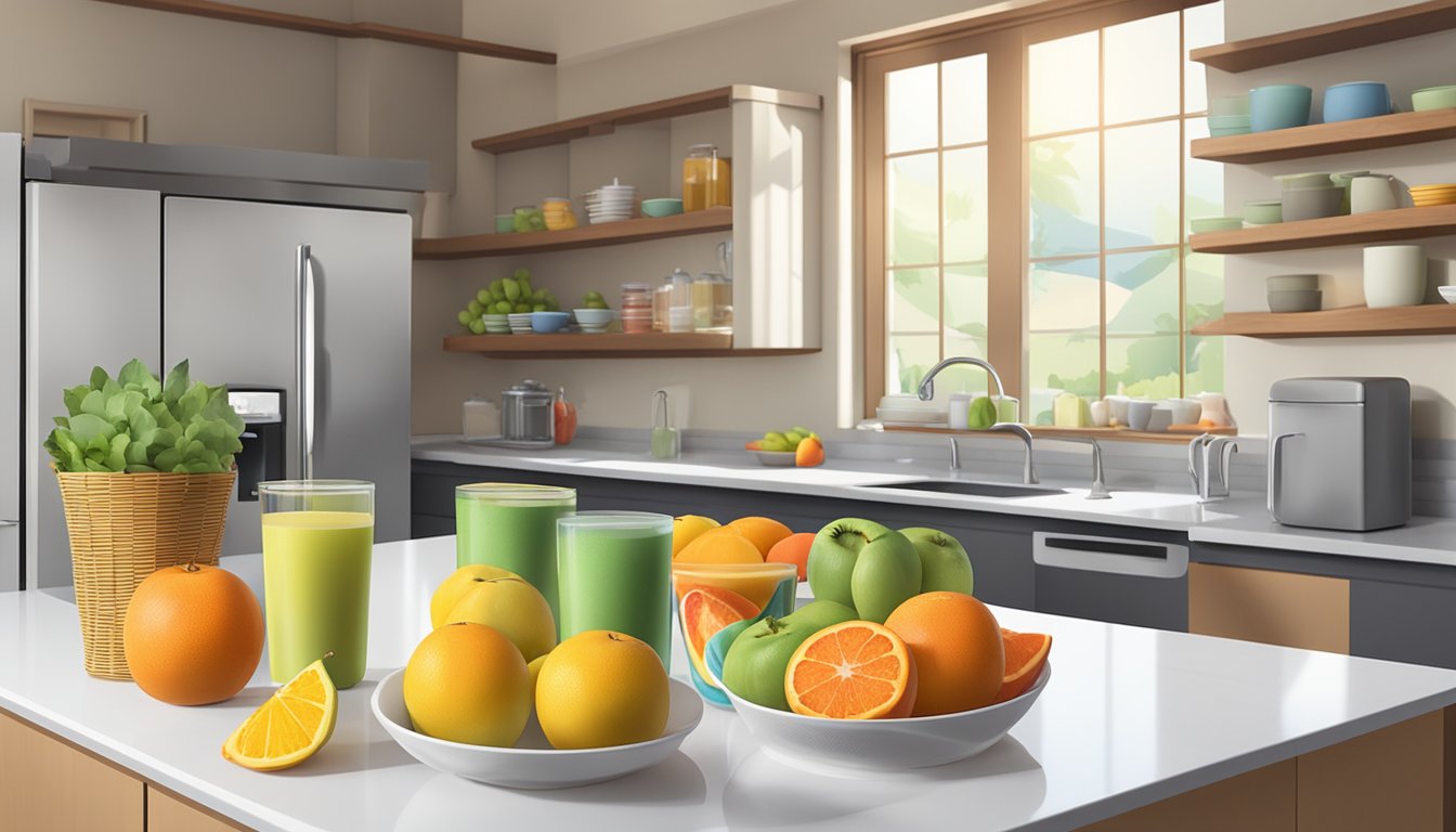 A kitchen counter with a variety of colorful fruit cups neatly arranged next to a bowl of fresh fruit, with a basket of reusable containers and a refrigerator in the background