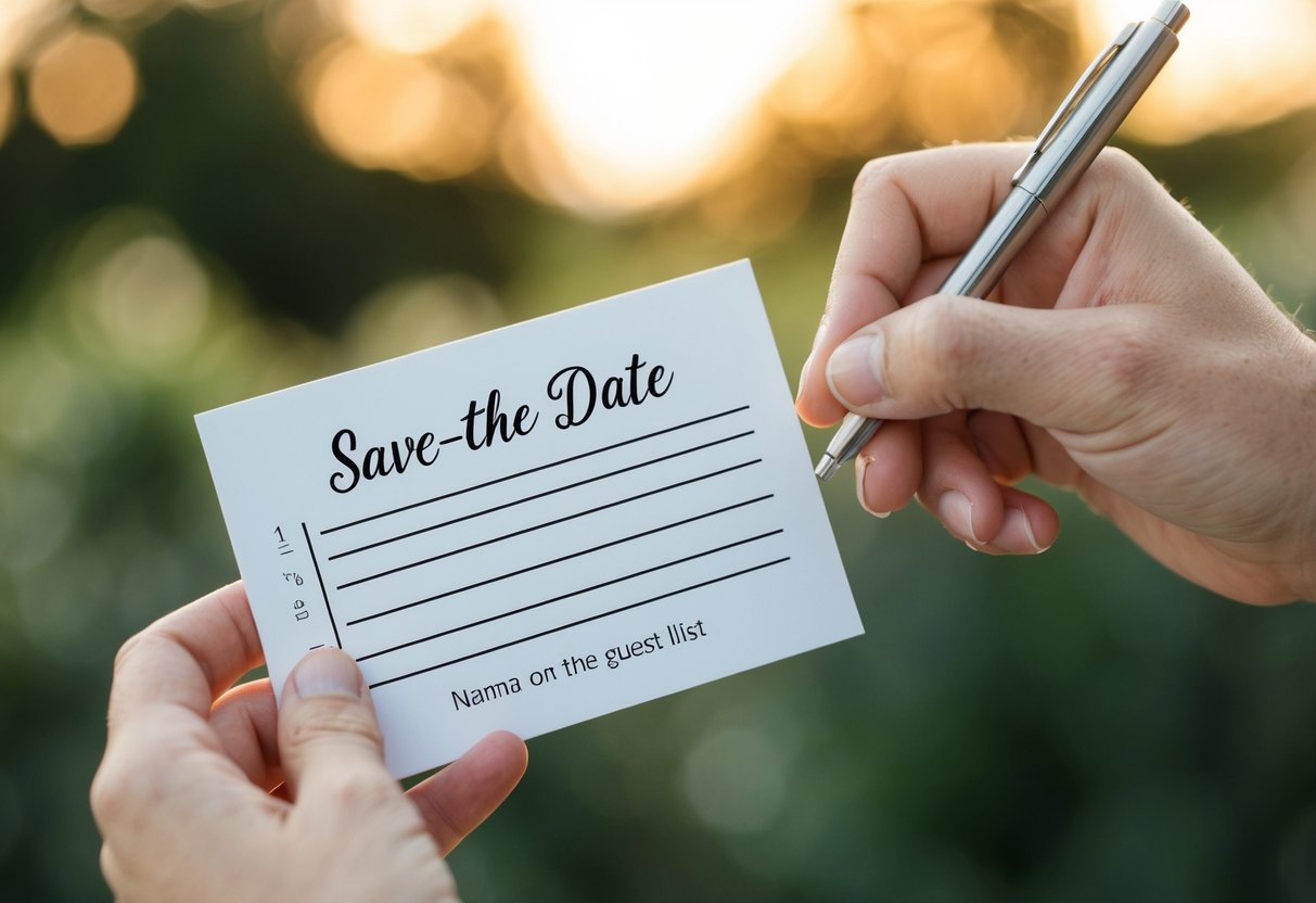 A hand holding a save-the-date card, while another hand crosses out a name on a guest list
