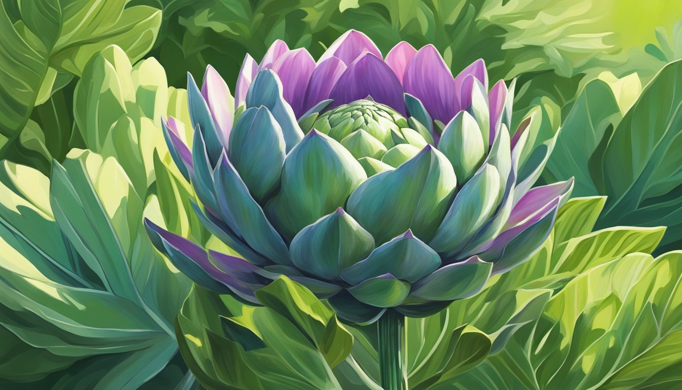 An artichoke plant with unripe artichokes growing on it, surrounded by lush green foliage and basking in the sunlight