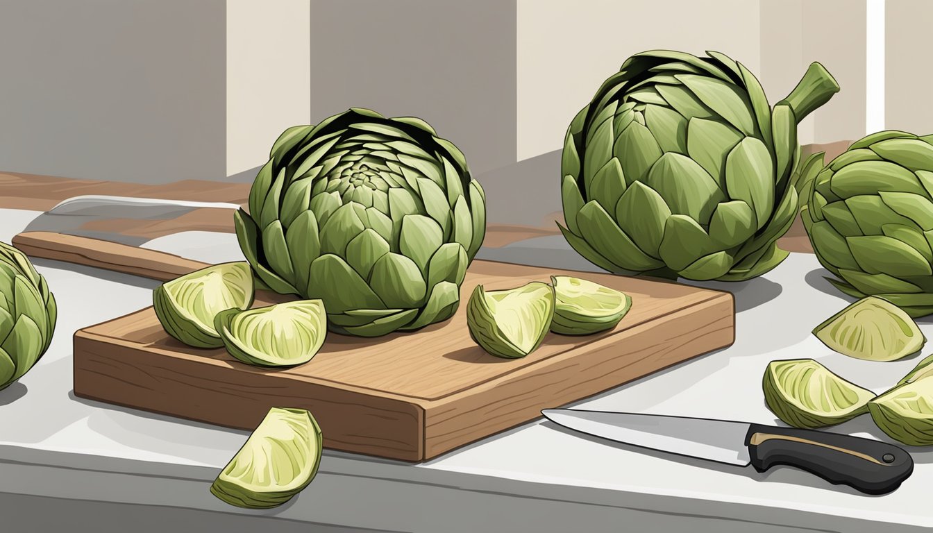 A kitchen counter with a cutting board and knife next to a pile of unripe artichokes