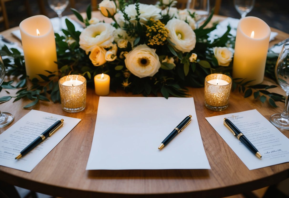 A table set with two pens and a blank sheet of paper, surrounded by flowers and candles, awaits the bride and groom to write their vows together