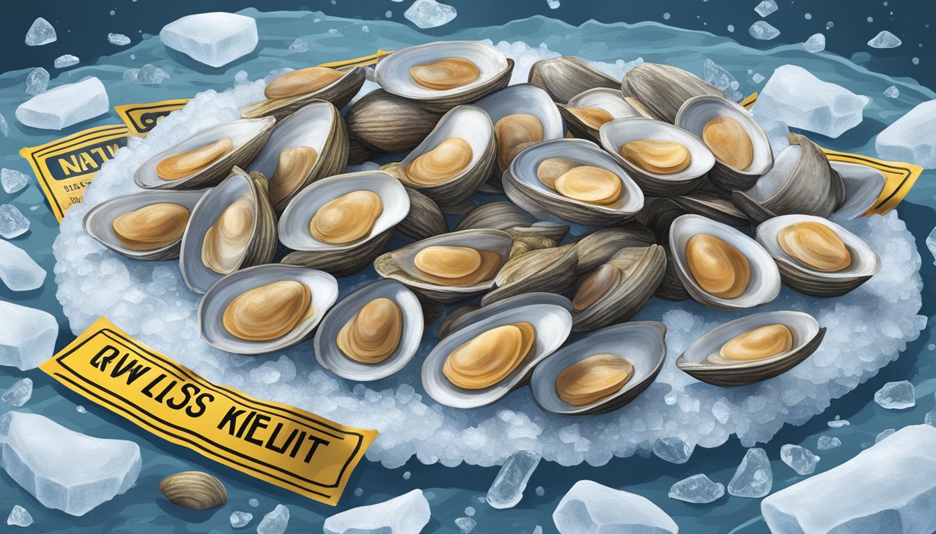 A pile of raw clams on a bed of ice, surrounded by caution signs and a list of groups at higher risk of illness from consuming raw clams