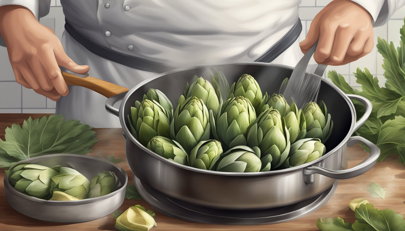 A chef prepares artichokes, trimming leaves and boiling in a pot of water