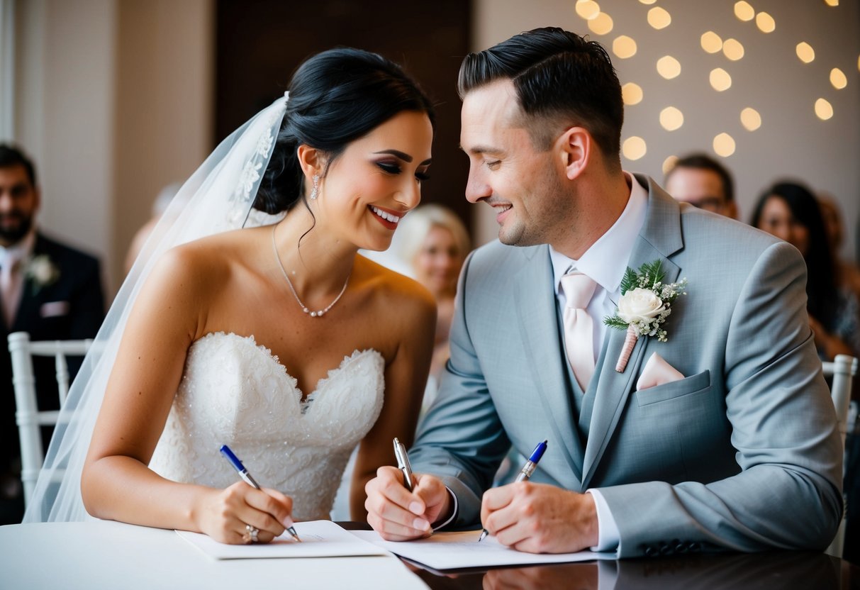 A bride and groom sit together, each with a pen and paper, sharing a tender moment as they write their wedding vows
