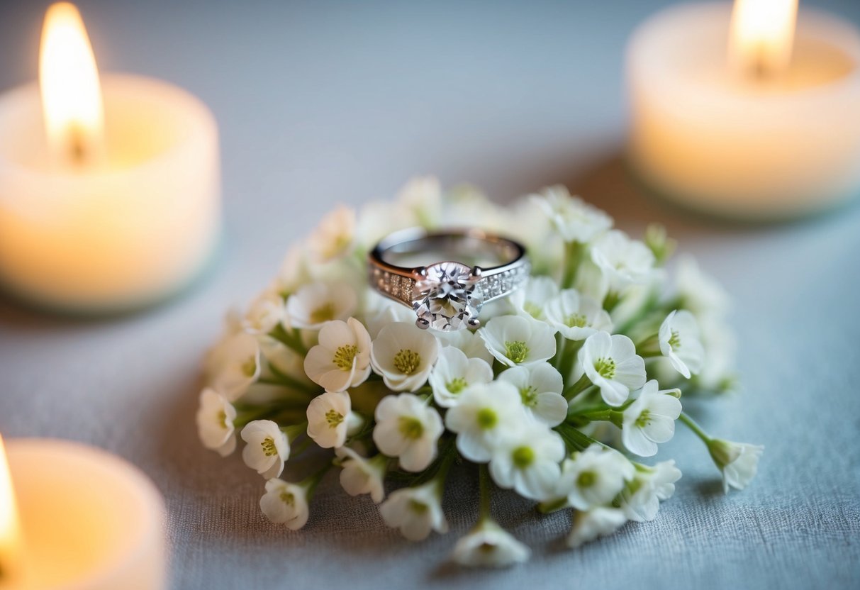 A wedding ring resting on a bed of delicate white flowers, surrounded by soft candlelight