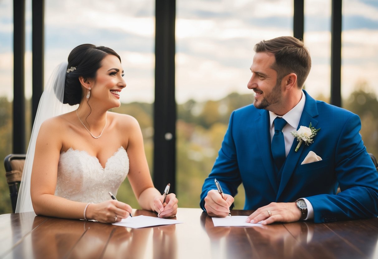 A bride and groom sit across from each other, each holding a pen and paper. They are deep in conversation, occasionally laughing and nodding as they write their vows together