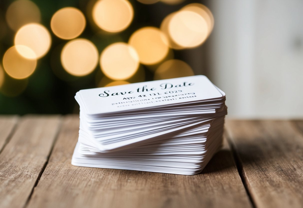 A stack of save the date cards with RSVP information