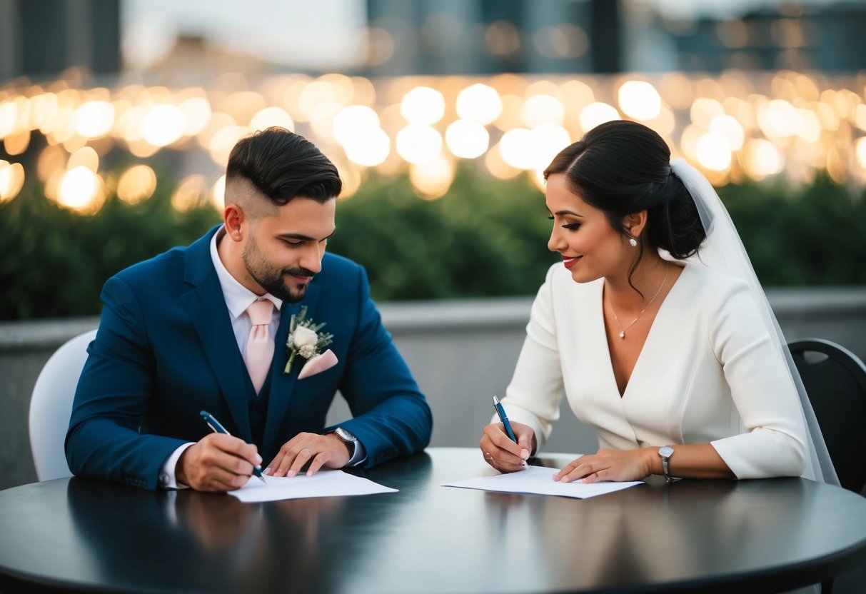 A couple sits at a table, each with a pen and paper, deep in conversation as they write their vows together