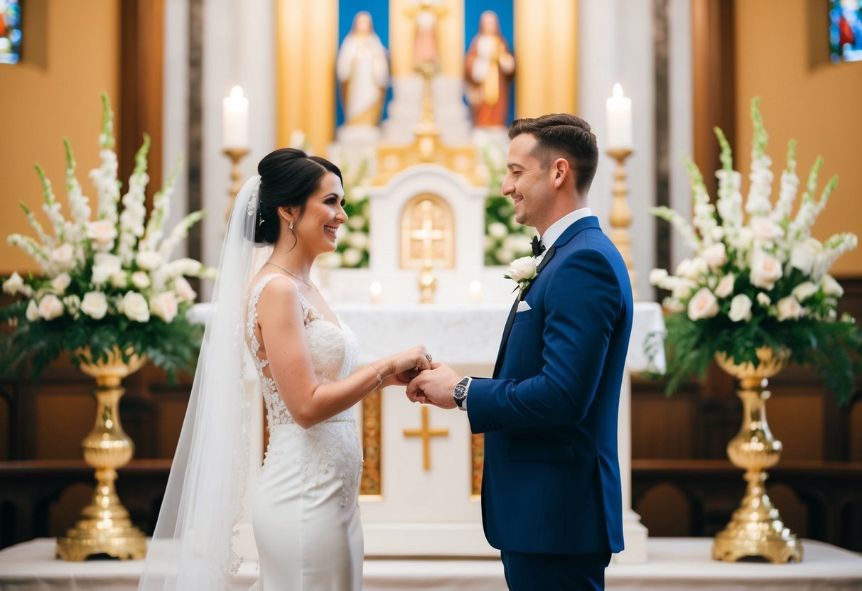 A bride and groom exchanging vows in front of an ornate altar with religious symbols and floral arrangements