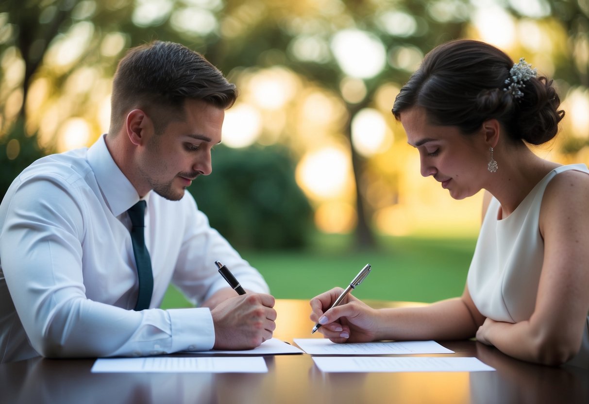 A couple sits at a table, pen in hand, heads close together, writing their vows on separate sheets of paper