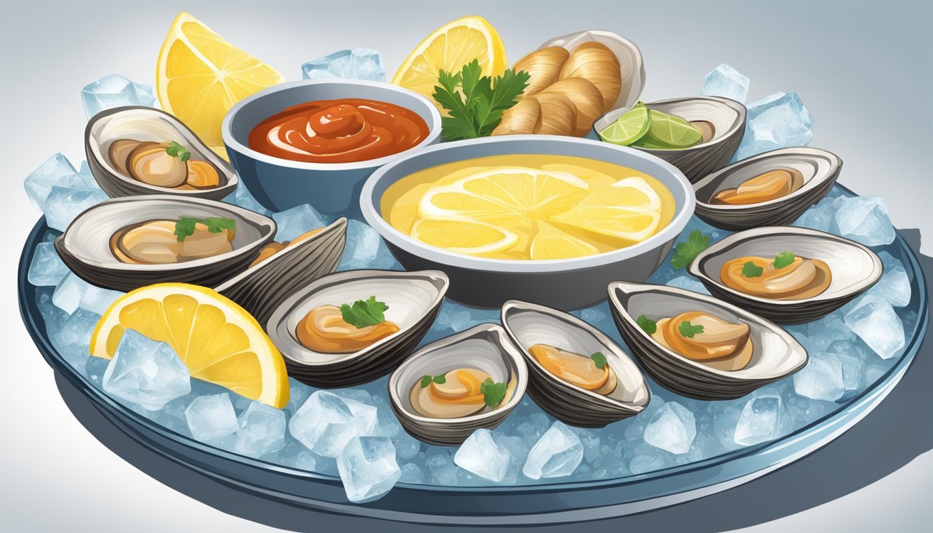 A plate of raw clams surrounded by various condiments and flavors, such as lemon wedges, hot sauce, and cocktail sauce, on a bed of ice