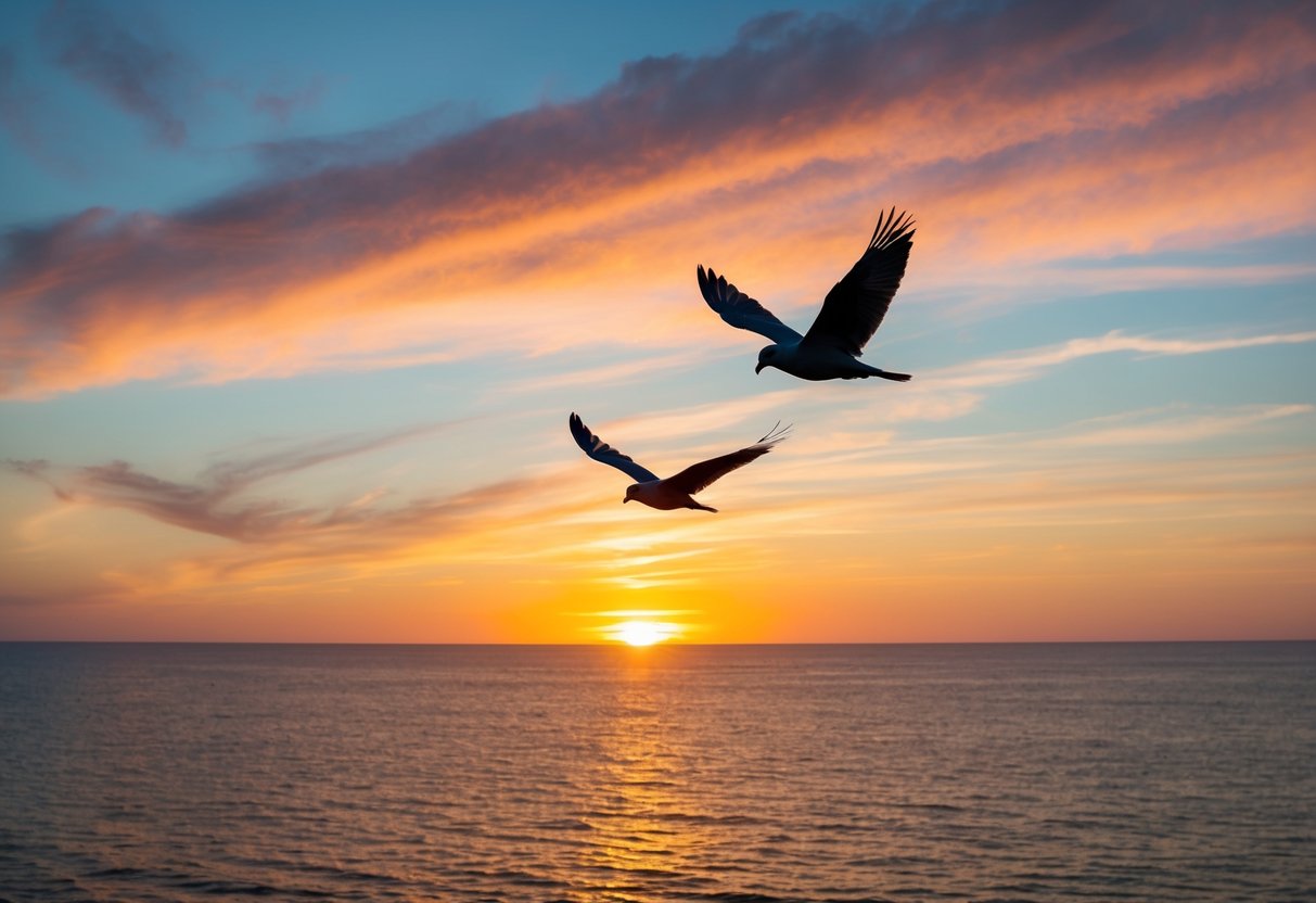 A vibrant sunset over a serene ocean, with two lovebirds flying towards the horizon