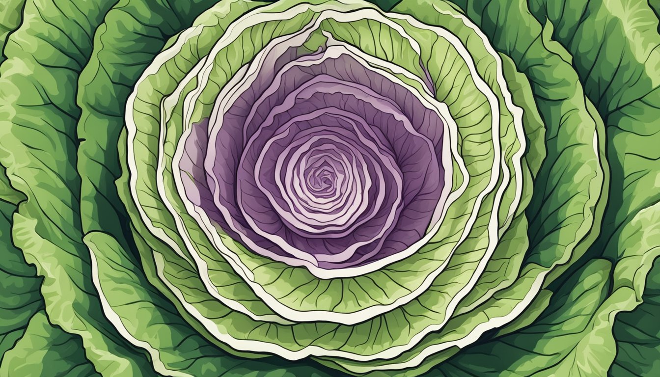 A head of cabbage with a cross-section revealing its layers and nutritional content, surrounded by question marks