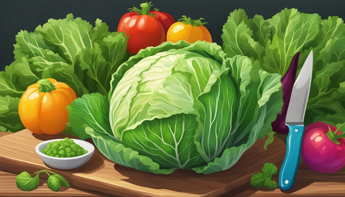 A head of raw cabbage, vibrant green with tightly packed leaves, sits on a wooden cutting board beside a sharp knife and a bowl of fresh, colorful vegetables