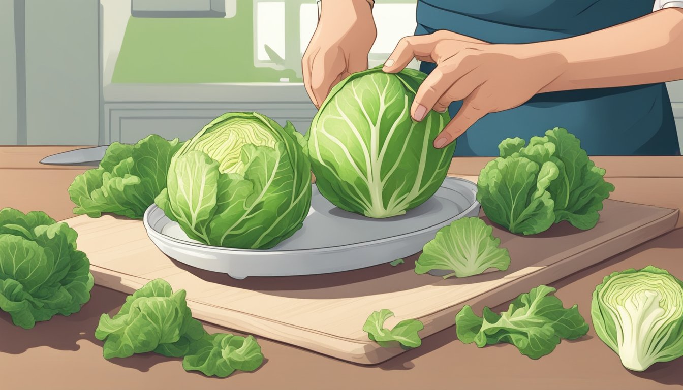 A person cutting open a cabbage to reveal its unripe, pale inner leaves