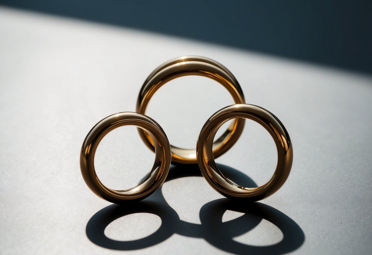Three intertwining rings on a smooth surface, casting shadows
