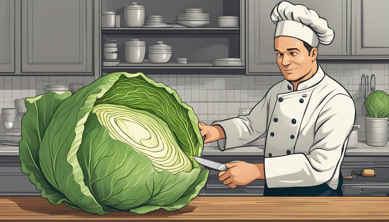 A chef slicing open a cabbage to reveal its layers, with a concerned expression on their face