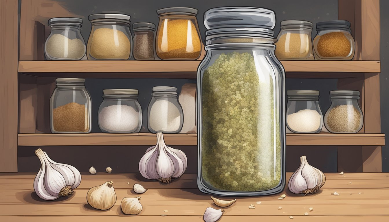 A jar of expired garlic salt sits on a dusty shelf, surrounded by other neglected spices