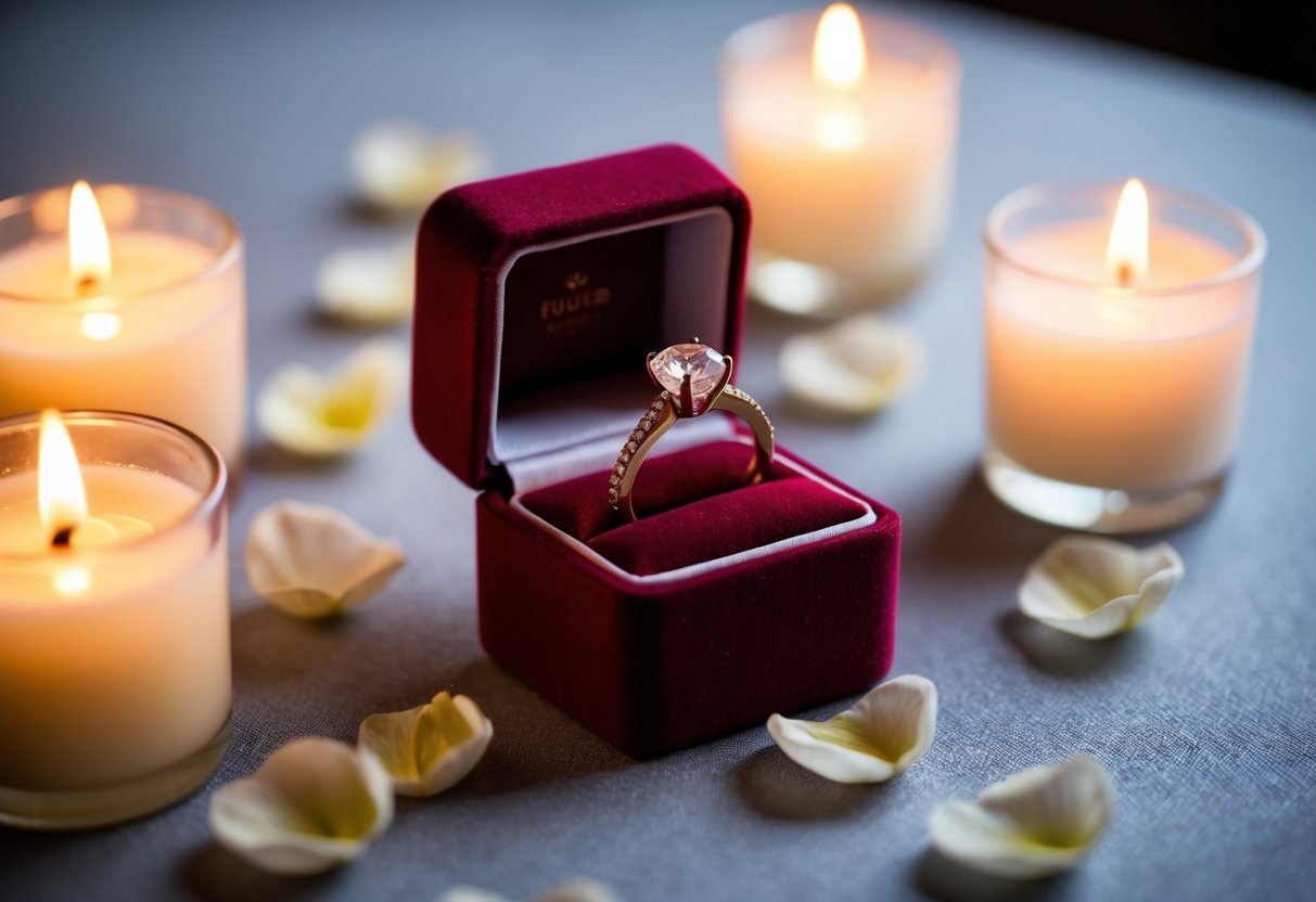 A small velvet box opens to reveal a sparkling diamond ring, surrounded by soft candlelight and delicate flower petals