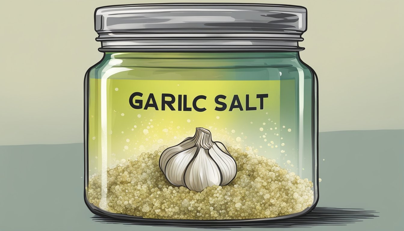 A jar of garlic salt with moldy and discolored contents, emitting a foul odor