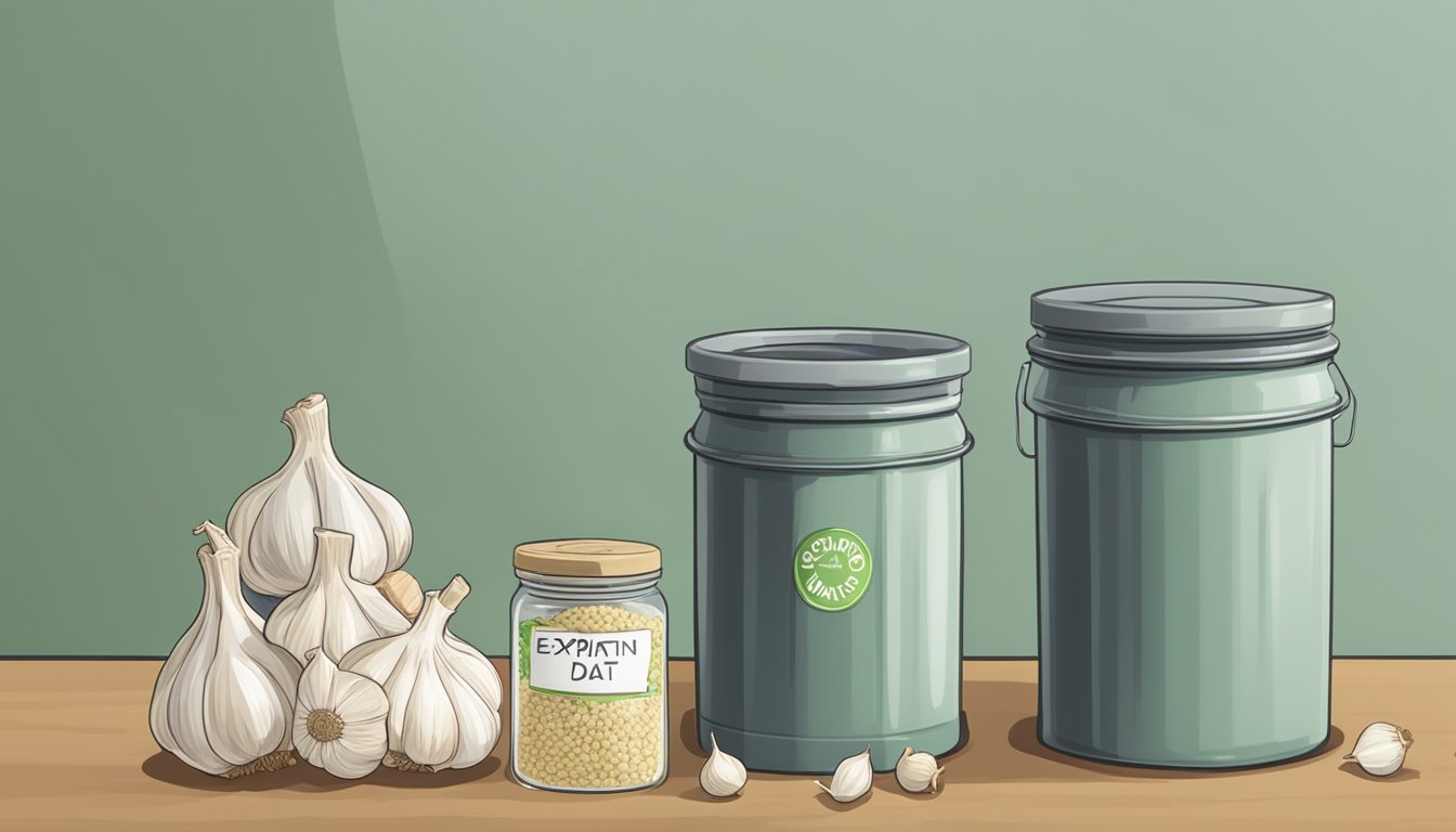 A jar of expired garlic salt sits next to fresh garlic and a trash can, with a label marked "expiration date" visible on the jar