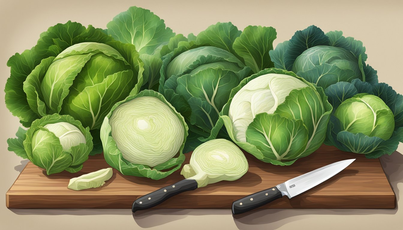 A variety of cabbages, including green, red, and napa, displayed on a wooden table with a knife and cutting board