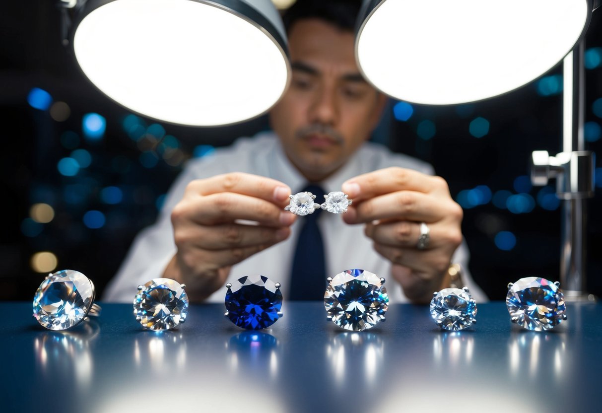 A jeweler carefully examines a selection of sparkling gemstones under bright lights, comparing their size, color, and clarity