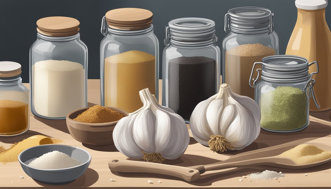 A jar of expired garlic salt sits on a kitchen counter, surrounded by various cooking utensils and spices