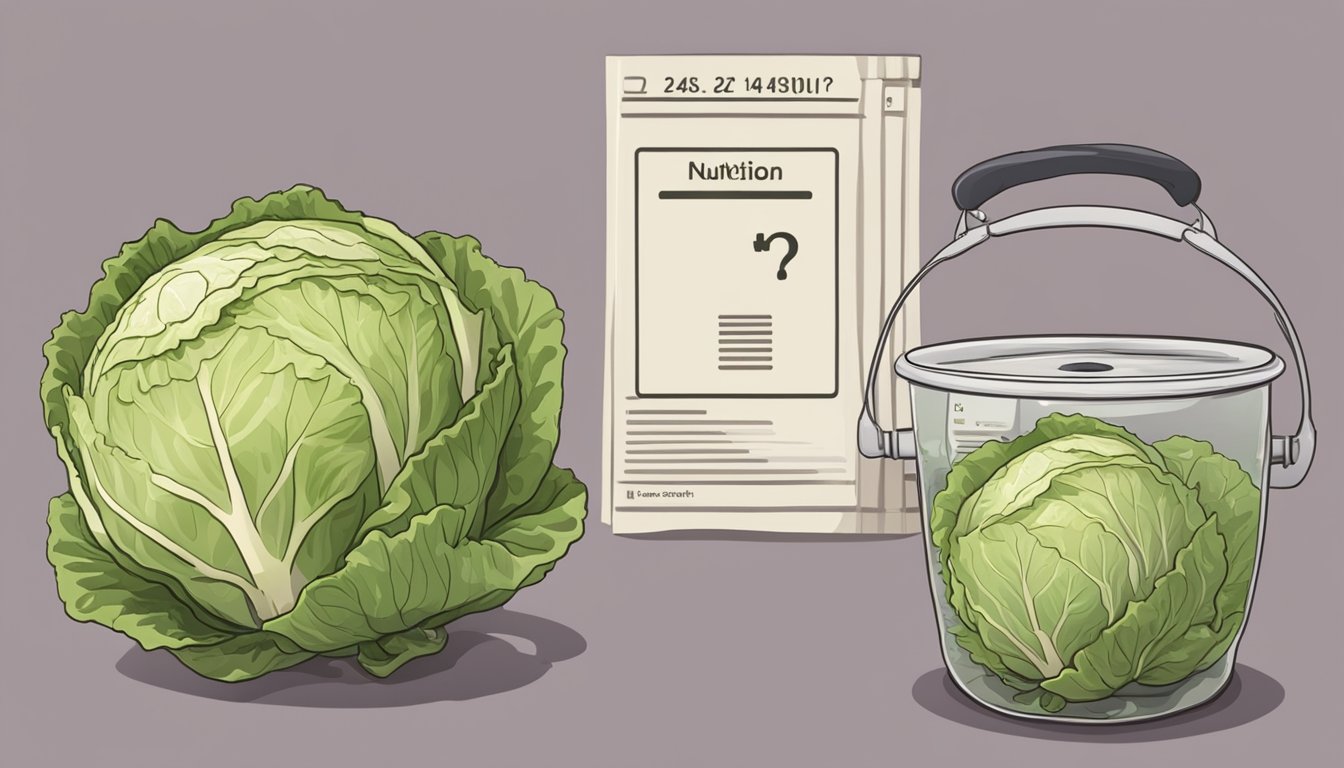 A head of raw cabbage next to a pot of cooked cabbage, with a nutrition label and a question mark above it