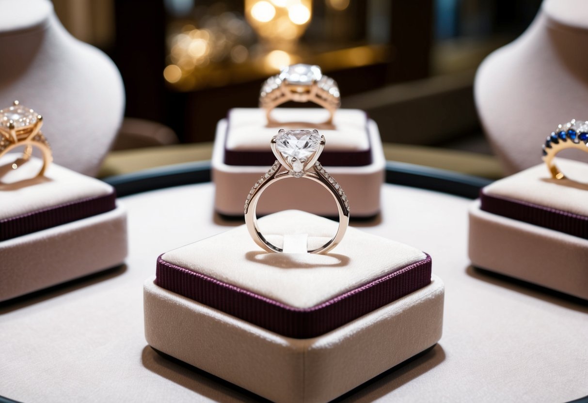 A sparkling diamond ring displayed on a velvet cushion, surrounded by elegant jewelry designs in a well-lit boutique setting