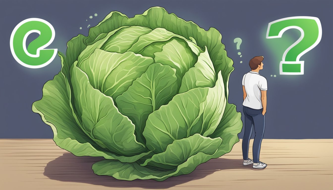 A person looking at an unripe cabbage with a question mark above their head