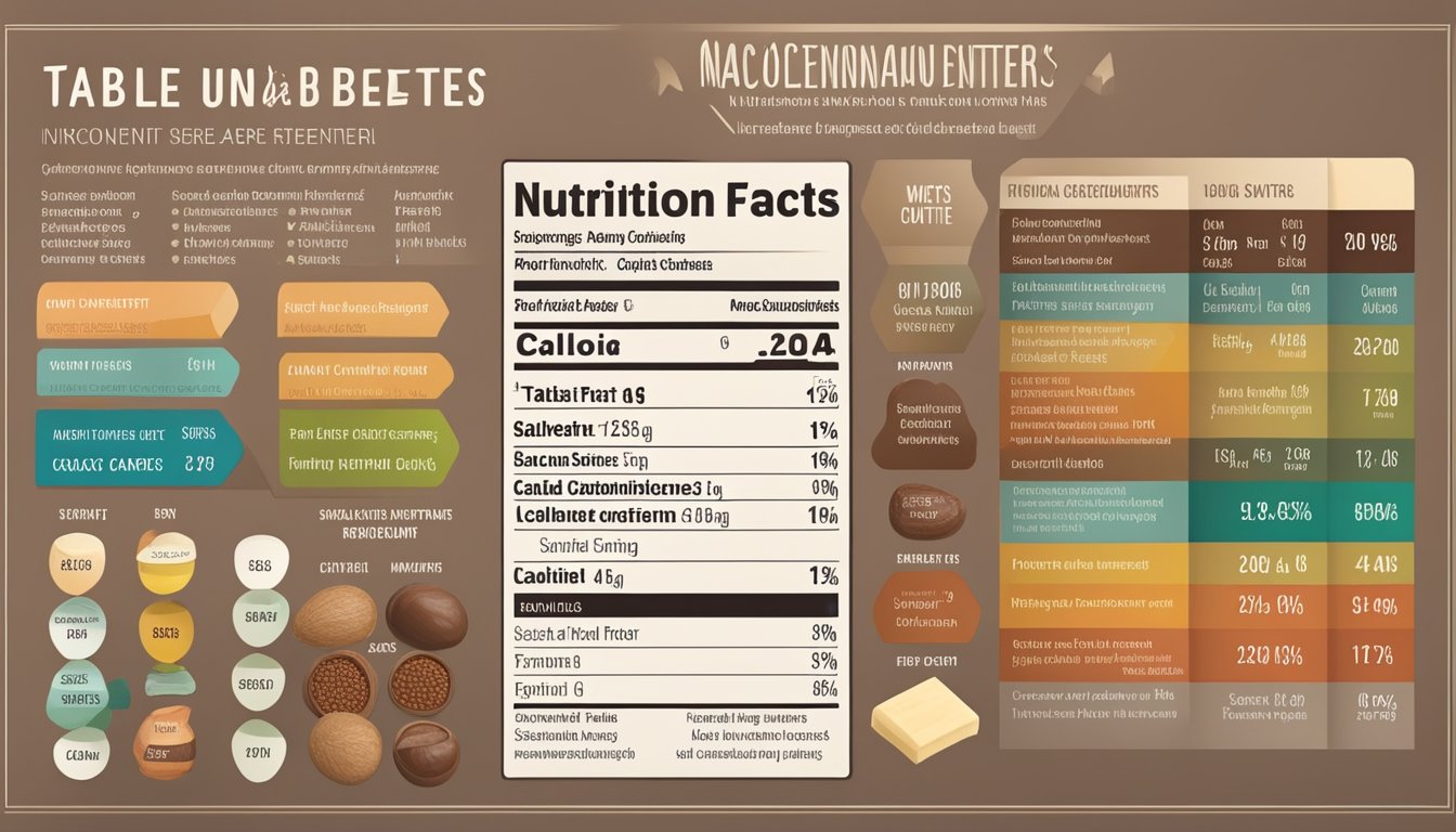 A table with various ingredients like cacao beans, cocoa butter, and sweeteners. A nutrition label showing the breakdown of macronutrients and calorie content