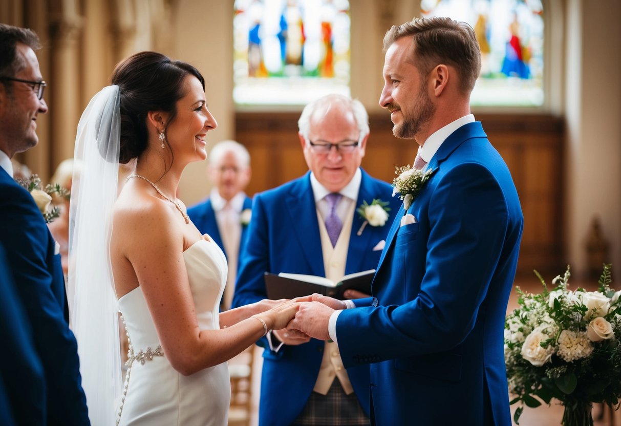 A couple exchanging vows in a traditional British wedding ceremony, with a focus on the moment when the word "obey" was removed from the vows