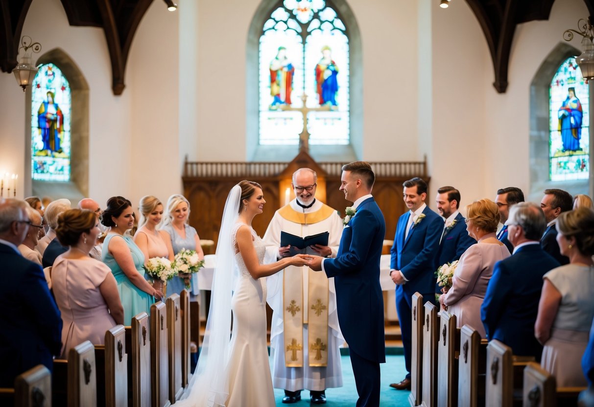 The wedding ceremony in an English church, with a couple standing at the altar, exchanging vows without the word "obey." The officiant presides over the ceremony, and the congregation looks on