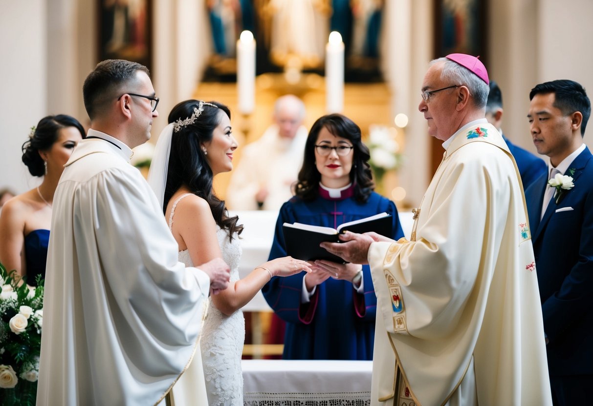 A priest officiates a Catholic wedding, the couple standing before the altar. The bride and groom exchange vows, the words reflecting the modern evolution of Catholic wedding traditions