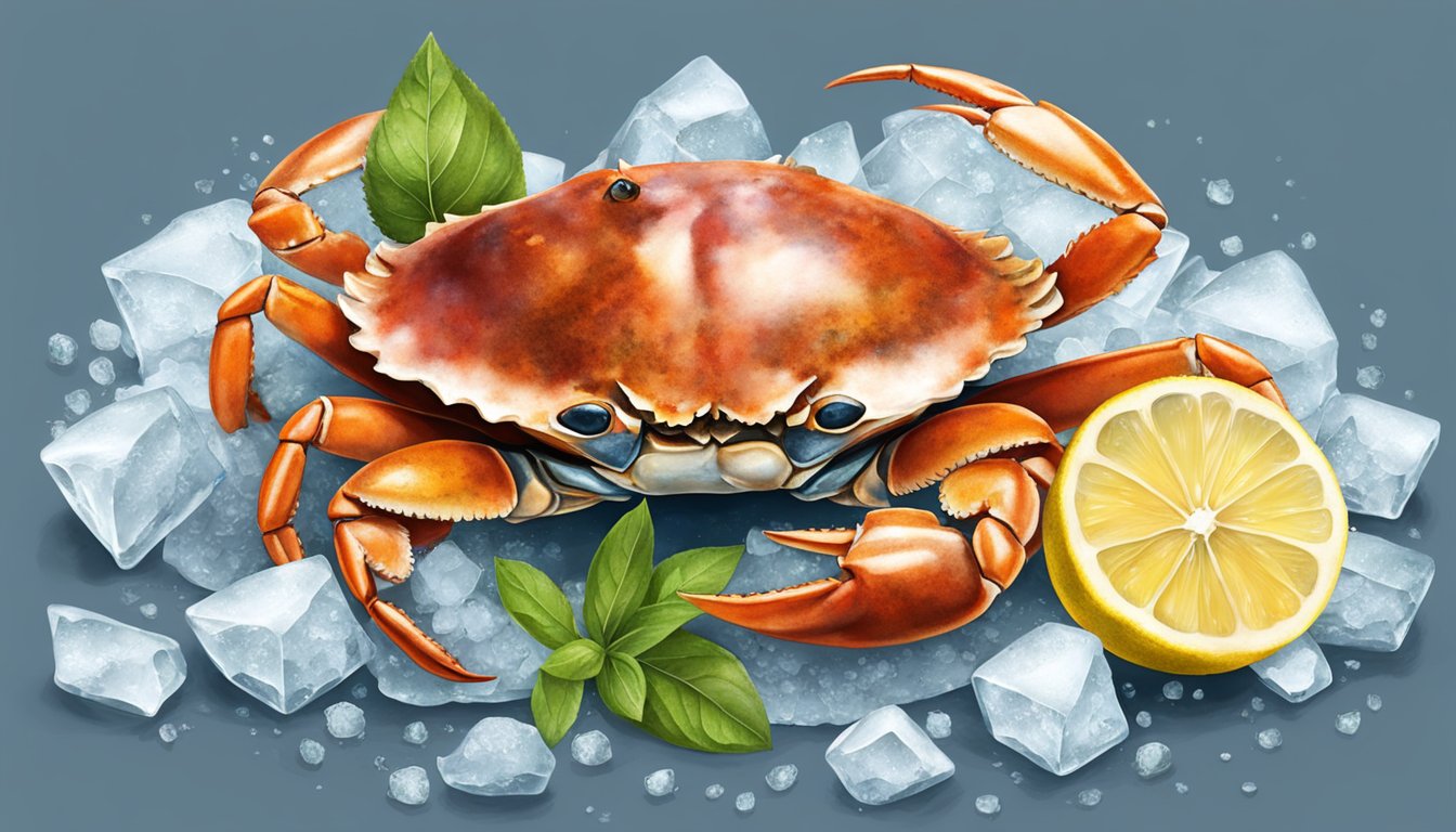 A whole raw crab on a bed of ice with lemon slices and fresh herbs