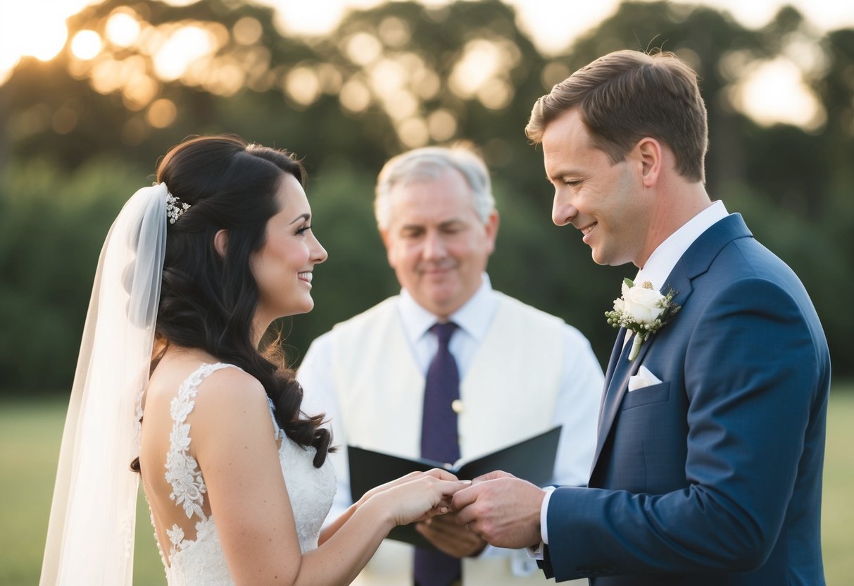 A couple exchanging wedding vows without the word "obey" included