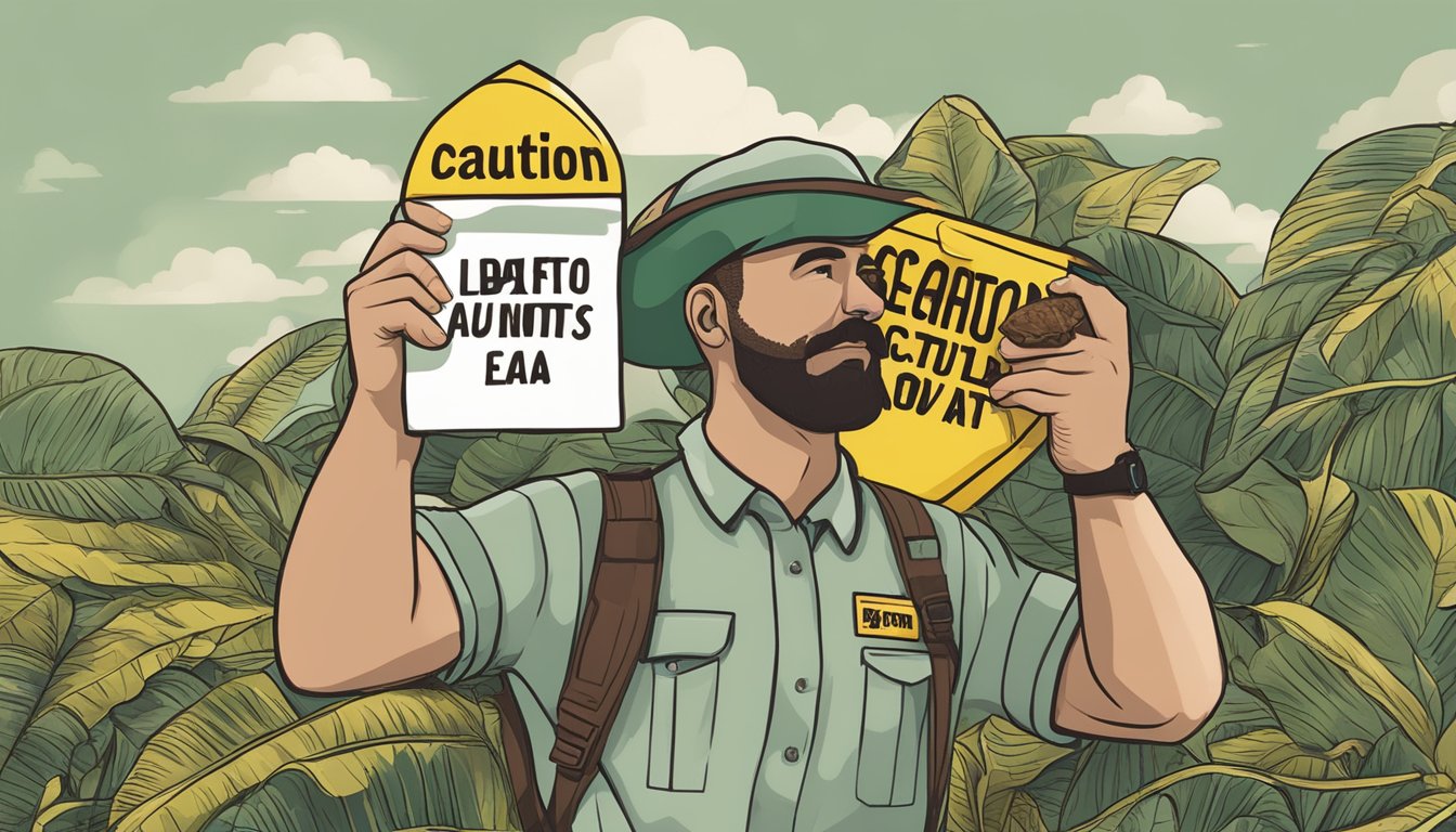 A person holding a raw cacao pod with a caution sign in the background