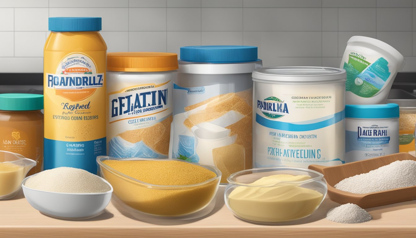 A container of expired gelatin sits on a kitchen counter, surrounded by other baking ingredients. The expiration date is clearly visible on the packaging